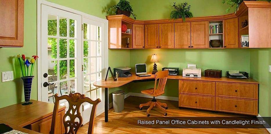 Candlelight finished cabinets and drawers offer a soft, traditional look to your home office.