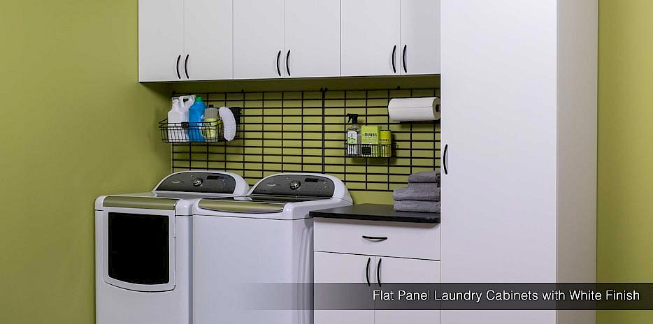 Our flat panel laundry cabinets with a white finish offer a clean, fresh look for your laundry room.