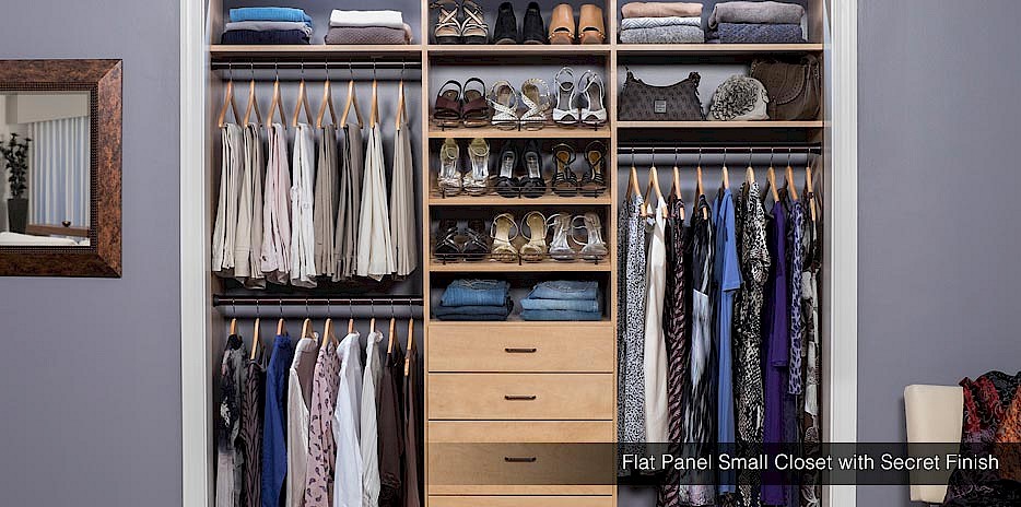 Unique and stylish - our secret finish for closet shelving systems is a traditional light wood color.
