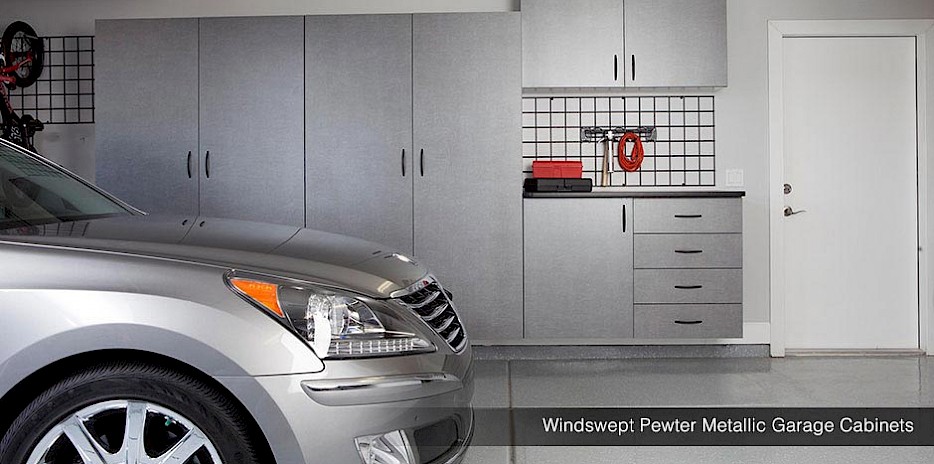 High style metallic shine and durability is what you get with our windswept pewter metallic garage cabinets.