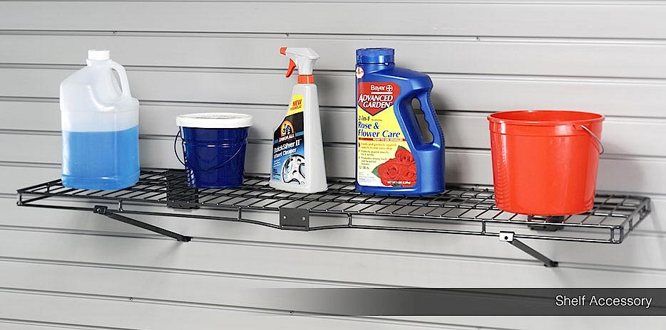 A wire rack for the slatwall organization system is the perfect accessory for cleaning products that need to be stored up high away from kids.