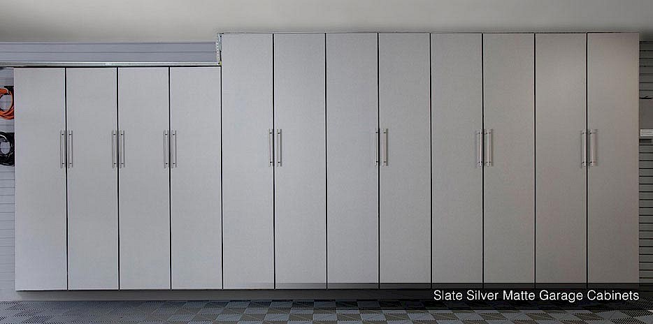 Add a silver touch with slate silver matte garage cabinets for your custom garage makeover.