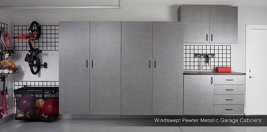 Floating cabinets in pewter offer more than aesthetic appeal - they are also highly functional for complete organization.
