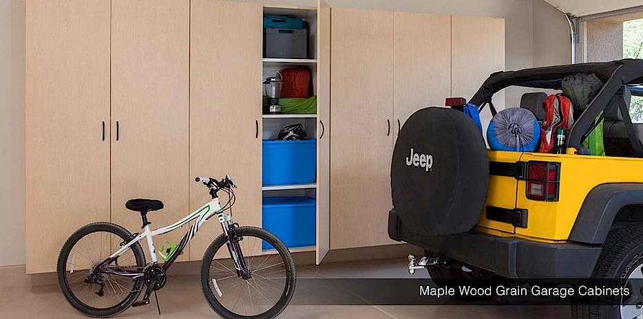 Maple wood grain garage cabinets are light in color and can hold up to 100 pounds of storage per shelf. Maple wood grain garage cabinets are light in color and can hold up to 100 pounds of storage per shelf.