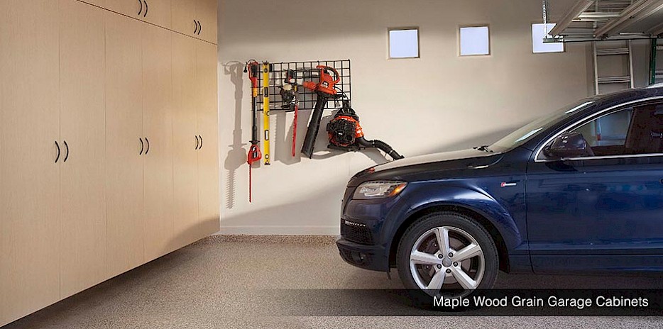 Classic and stylish maple wood grain garage cabinets. Classic and stylish maple wood grain garage cabinets.